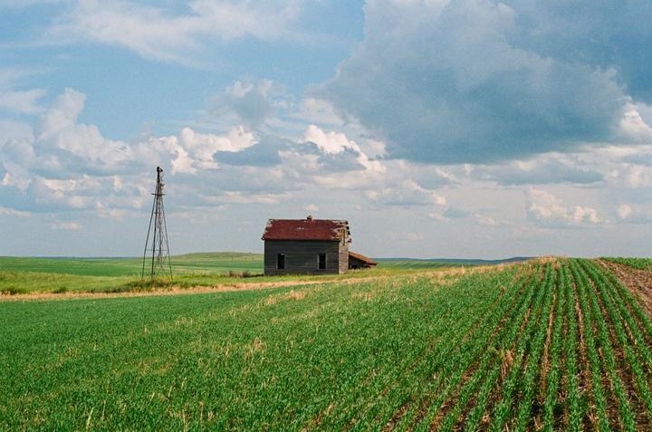 An abandoned house with a red roof stands next to a windmill in a vast green field under a cloudy sky.