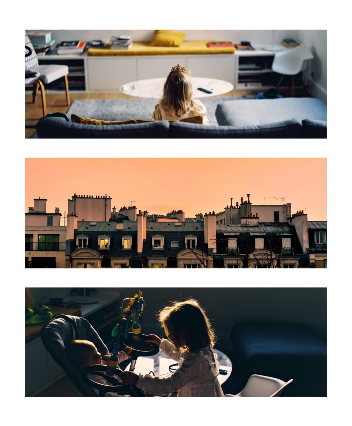 A triptych shows a girl in a crown watching television, a cityscape at sunset, and a girl playing with a baby.