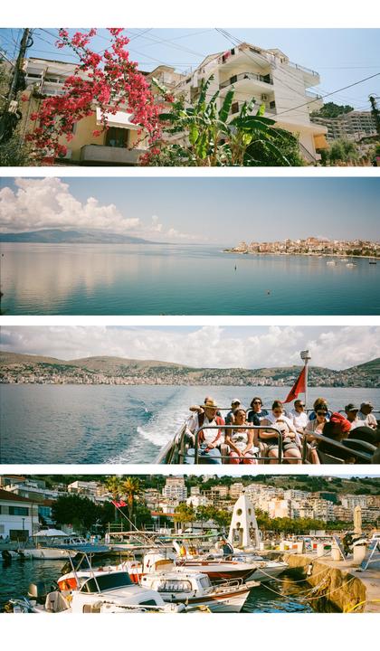 A four-panel photo shows a building with pink flowers, a coastal city across a body of water, people on a boat, and boats docked in a harbor.