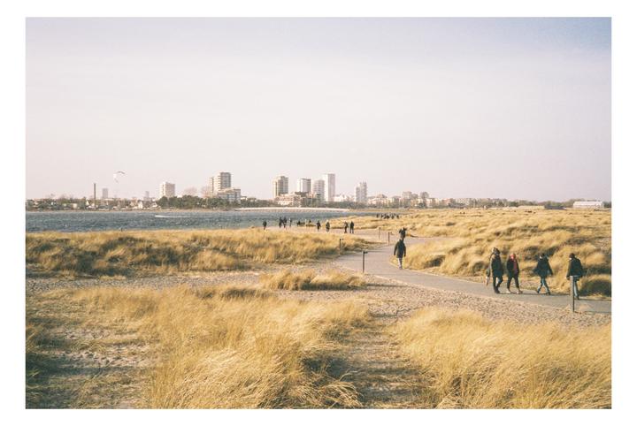 People walk on a path through dry grass with a city skyline and water in the background.