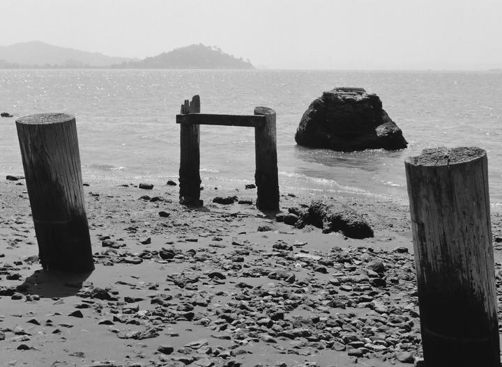 Three wooden posts stand on a rocky beach with water and hills in the background.