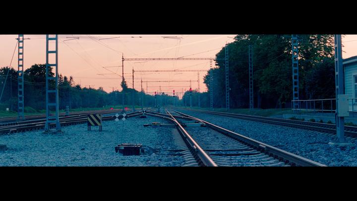 Multiple train tracks converge at a station with overhead power lines and trees under a pink sky.