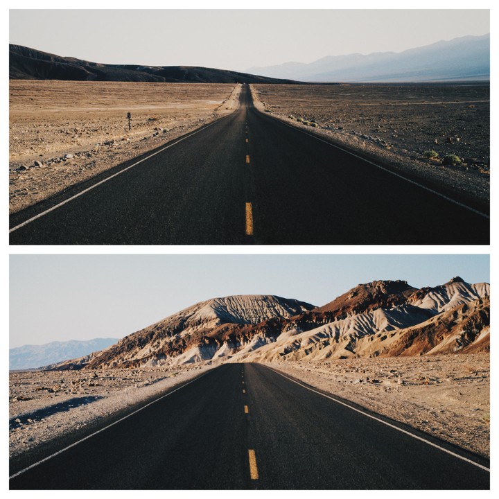 A two-panel image shows a long road stretching into the distance through a desert landscape with mountains.