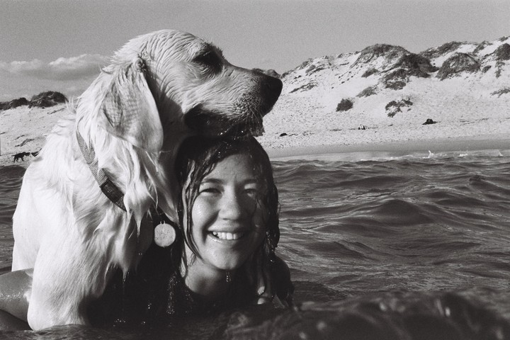 A golden retriever rests its head on a smiling woman's head in the ocean with a sandy beach and dunes in the background.