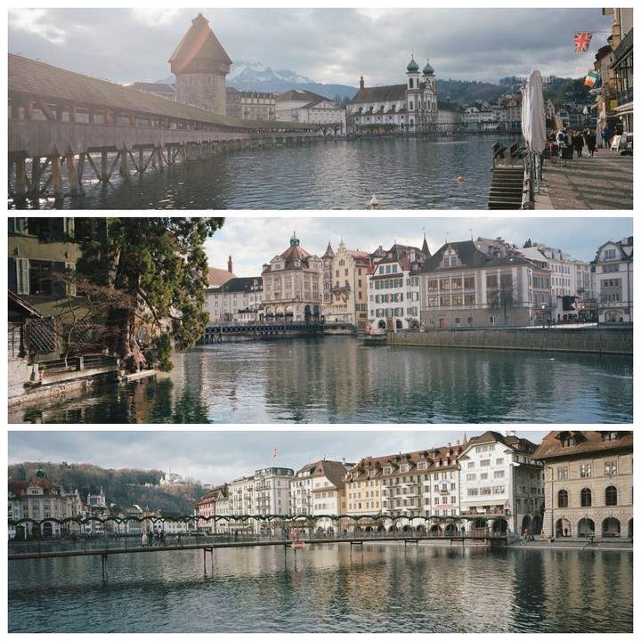 A triptych shows a river flowing through a historic city with bridges and buildings on both banks, and mountains in the distance.
