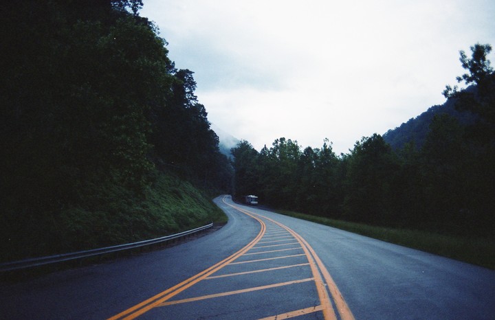 A winding road with double yellow lines leads through a forest with a mountain in the background.