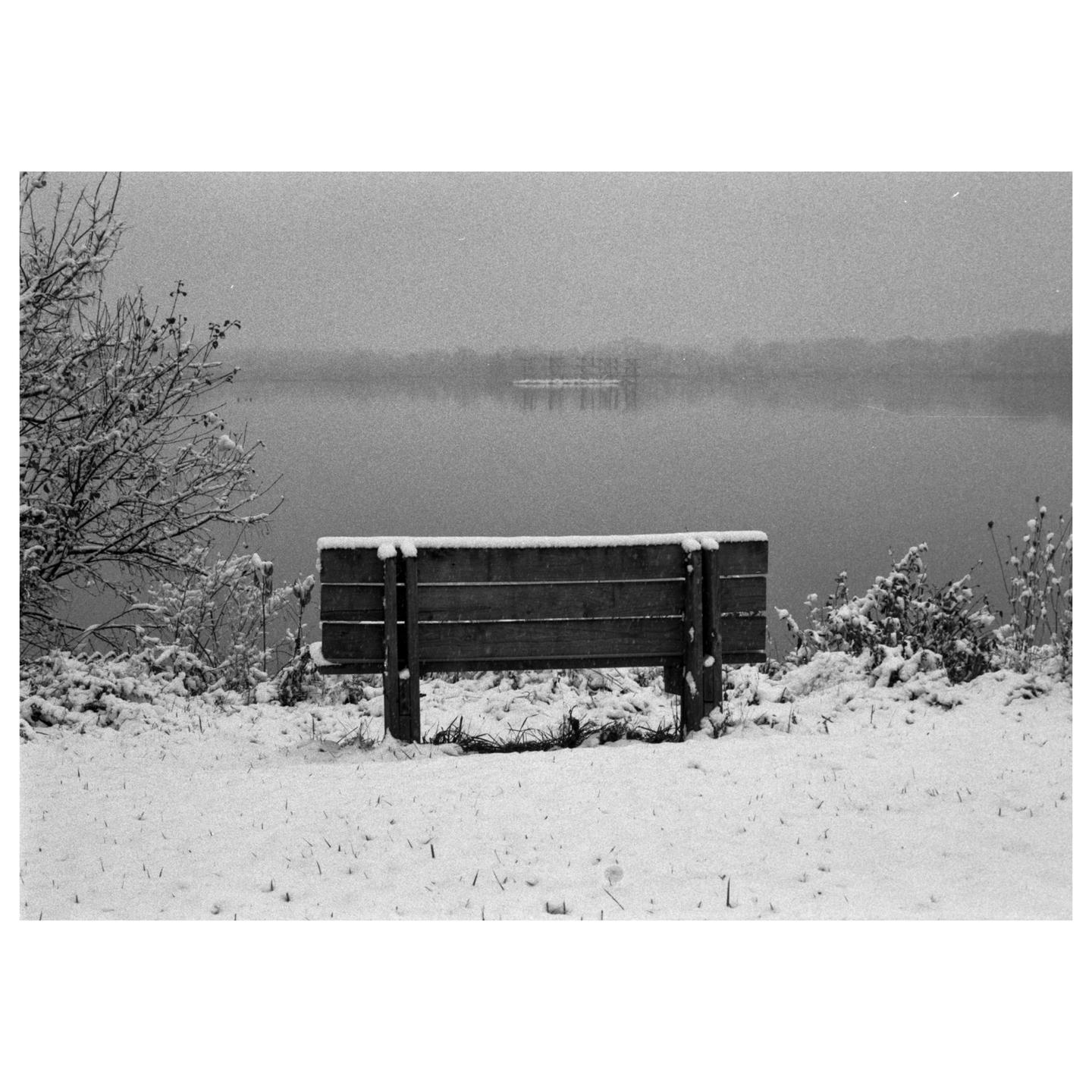 A wooden bench covered in snow sits by a body of water with trees in the distance.