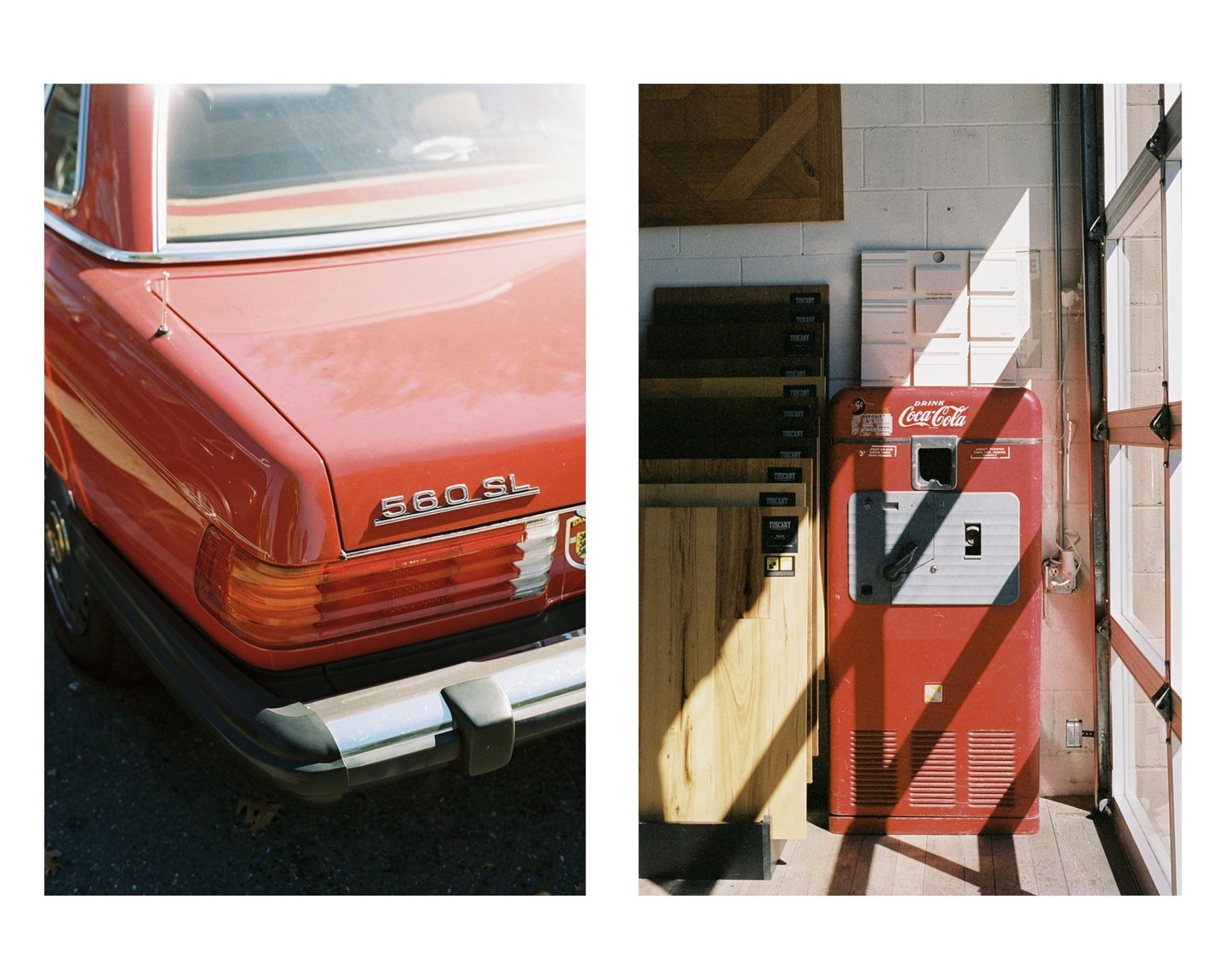 A diptych shows the rear of a red car on the left and a red Coca-Cola vending machine on the right.