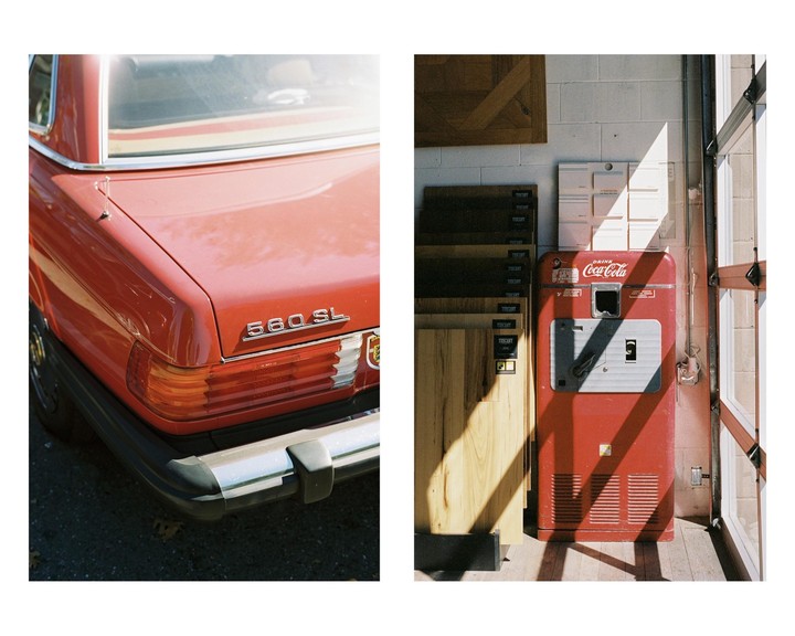 A diptych shows the rear of a red car on the left and a red Coca-Cola vending machine on the right.