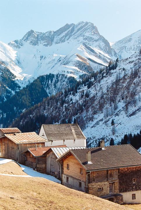 A small village with wooden houses sits on a hillside with snow-capped mountains and a forest in the background.