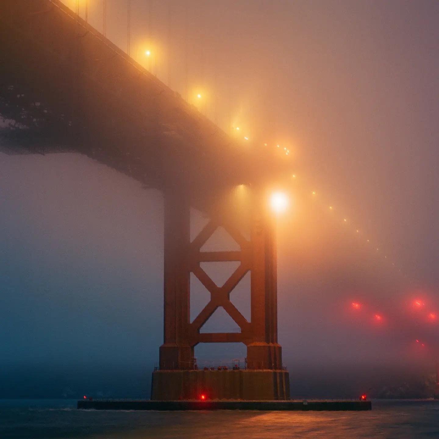 A bridge tower and roadway are shrouded in fog, with lights illuminating the mist.