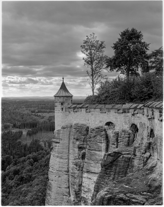 A stone fortress wall with a turret stands atop a cliff overlooking a forest.