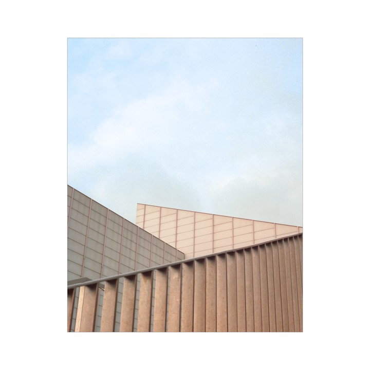 Geometric shapes of a building are visible against a pale sky.
