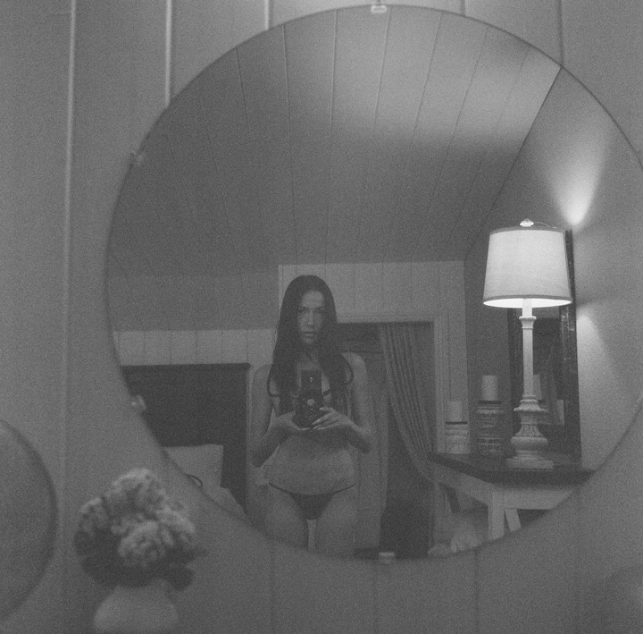 A woman in underwear takes a mirror self-portrait in a room with a lamp and flowers.
