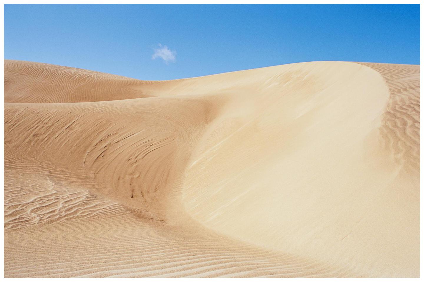 A single cloud floats above a desert landscape with sand dunes.
