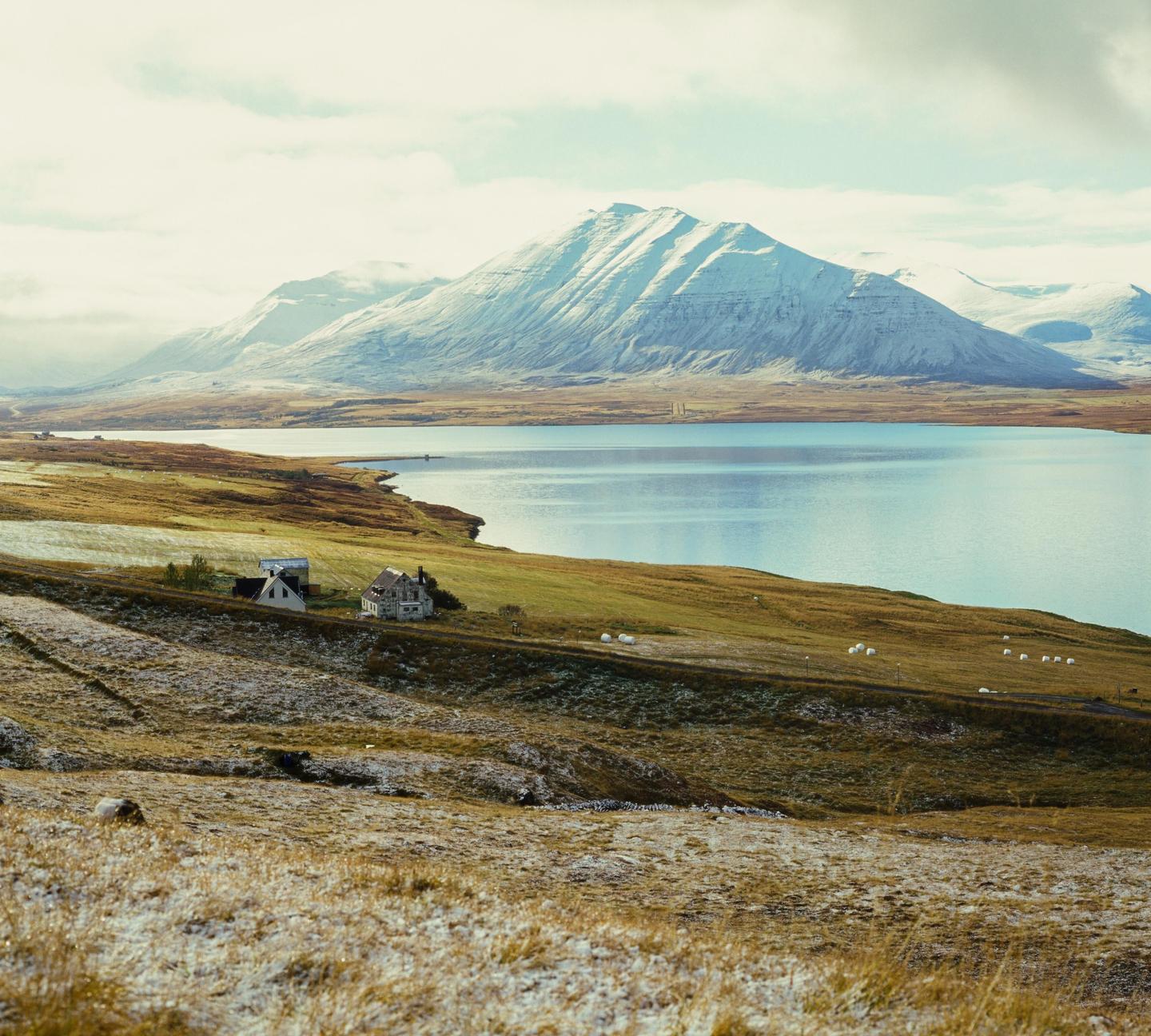 A body of water is nestled between a snow-capped mountain and a grassy hill with two houses.