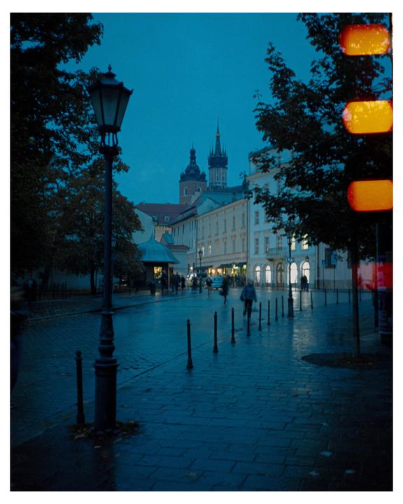 A street lamp stands on a wet cobblestone street with buildings and people in the background at dusk.