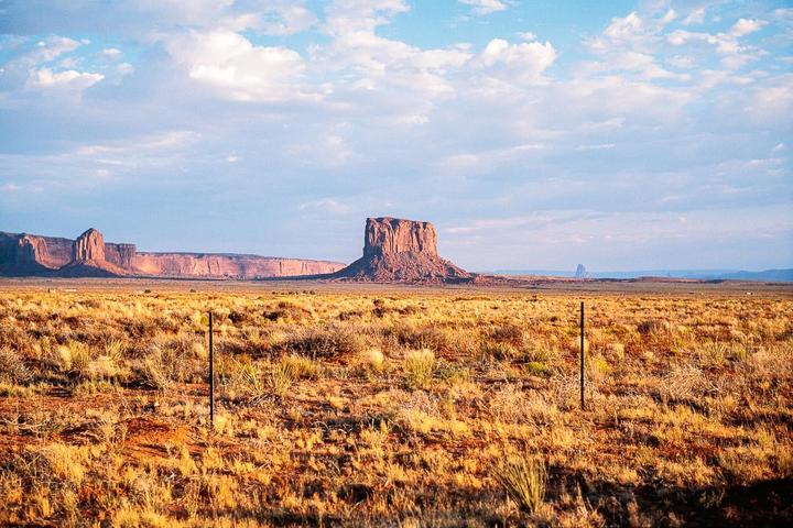 A vast desert landscape features a prominent mesa under a partly cloudy sky, with dry grasses in the foreground.