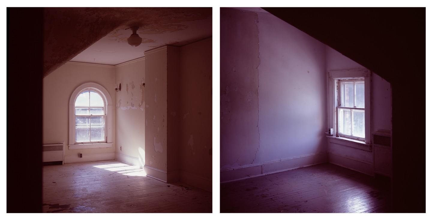 Two empty rooms with peeling paint and windows are shown in a diptych.