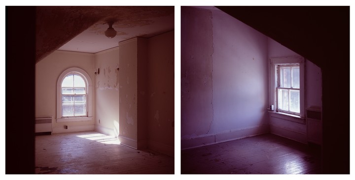 Two empty rooms with peeling paint and windows are shown in a diptych.