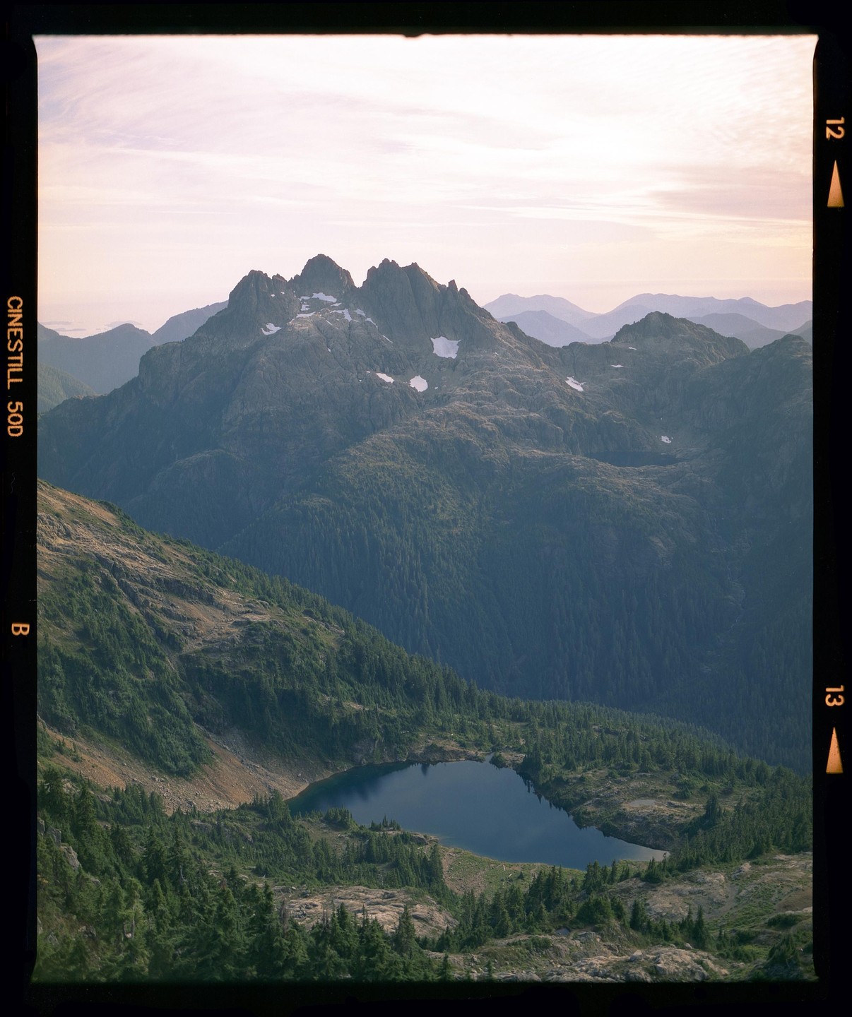 A mountain lake is surrounded by a forest with snow-capped mountains in the background.