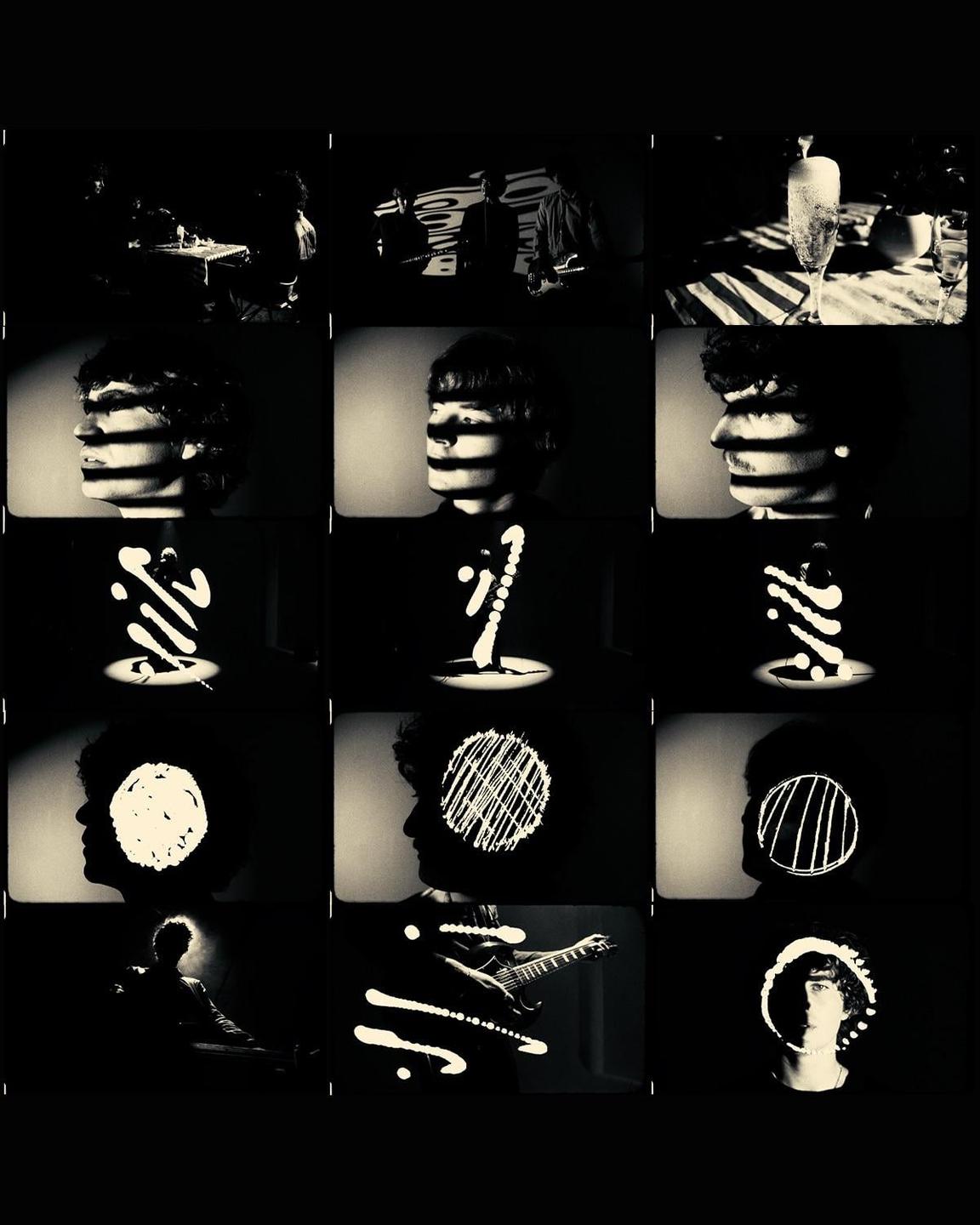 A grid of twelve black and white images shows various scenes with people, light patterns, and a guitar.