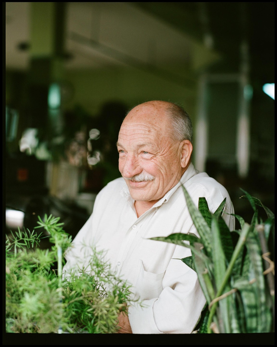A man with a mustache smiles while surrounded by plants.