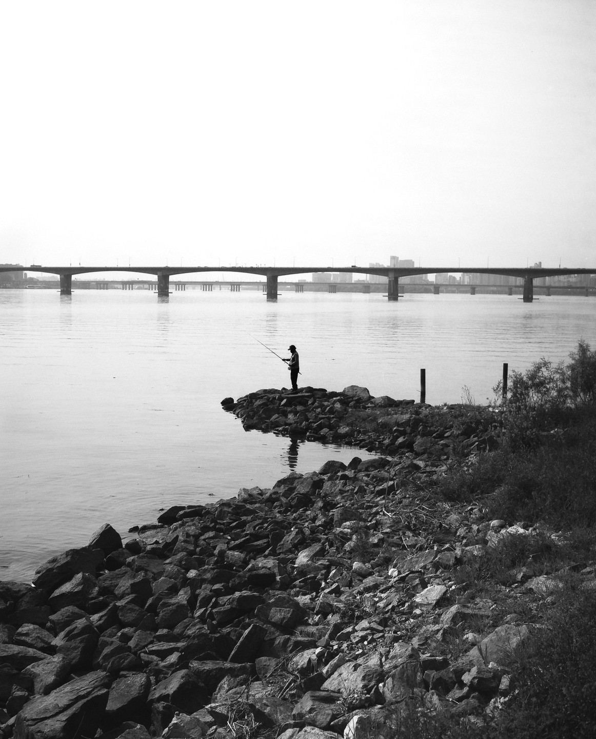A man fishes from a rocky shore with a bridge and city skyline in the background.