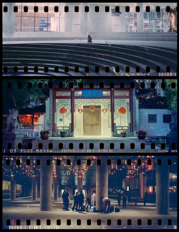 Three distinct images are presented in a triptych, featuring a lone figure on steps, a building with red lanterns, and a group of people under an illuminated structure.