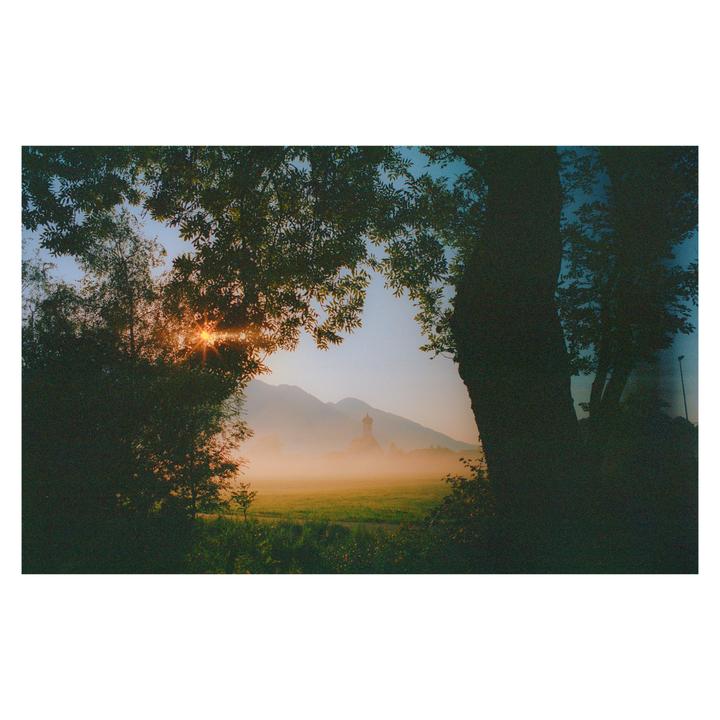 The sun shines through the leaves of a tree, illuminating a hazy field with a church and mountains in the distance.