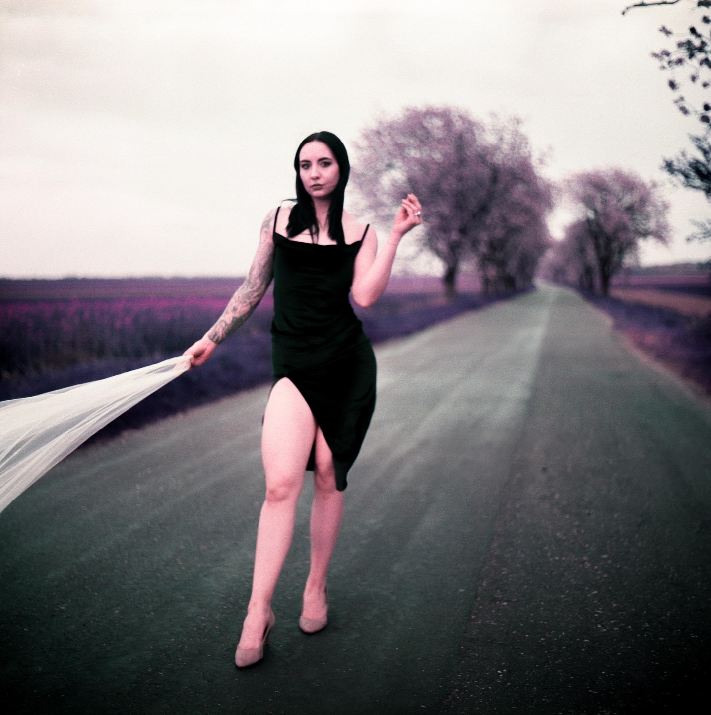 A woman in a black dress and high heels walks on a road with purple trees and fields in the background.