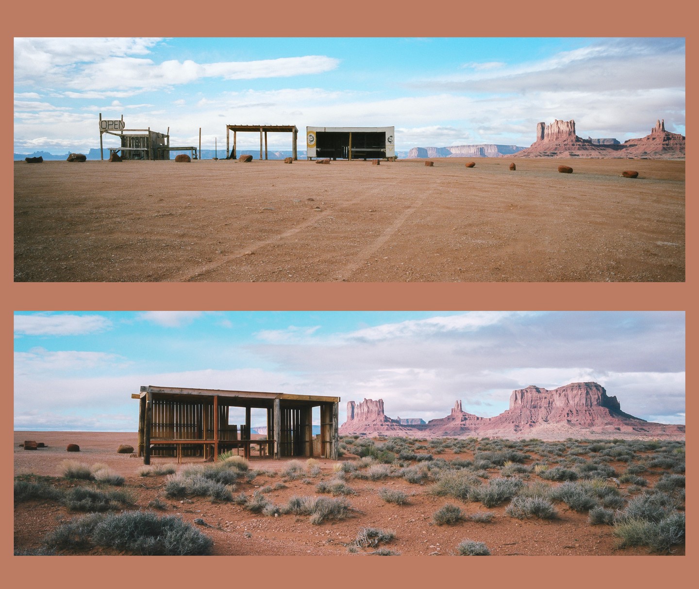 Two landscape photographs show a desert with distant mesas and a few small structures.