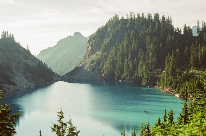 A turquoise alpine lake is surrounded by a forest of pine trees and mountains.