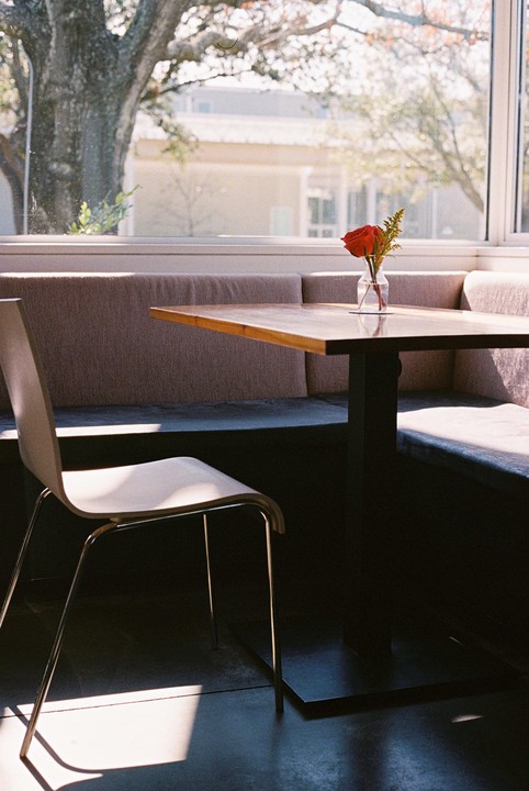 A single red rose in a small vase sits on a wooden table next to a booth and a chair, with sunlight streaming through a large window.