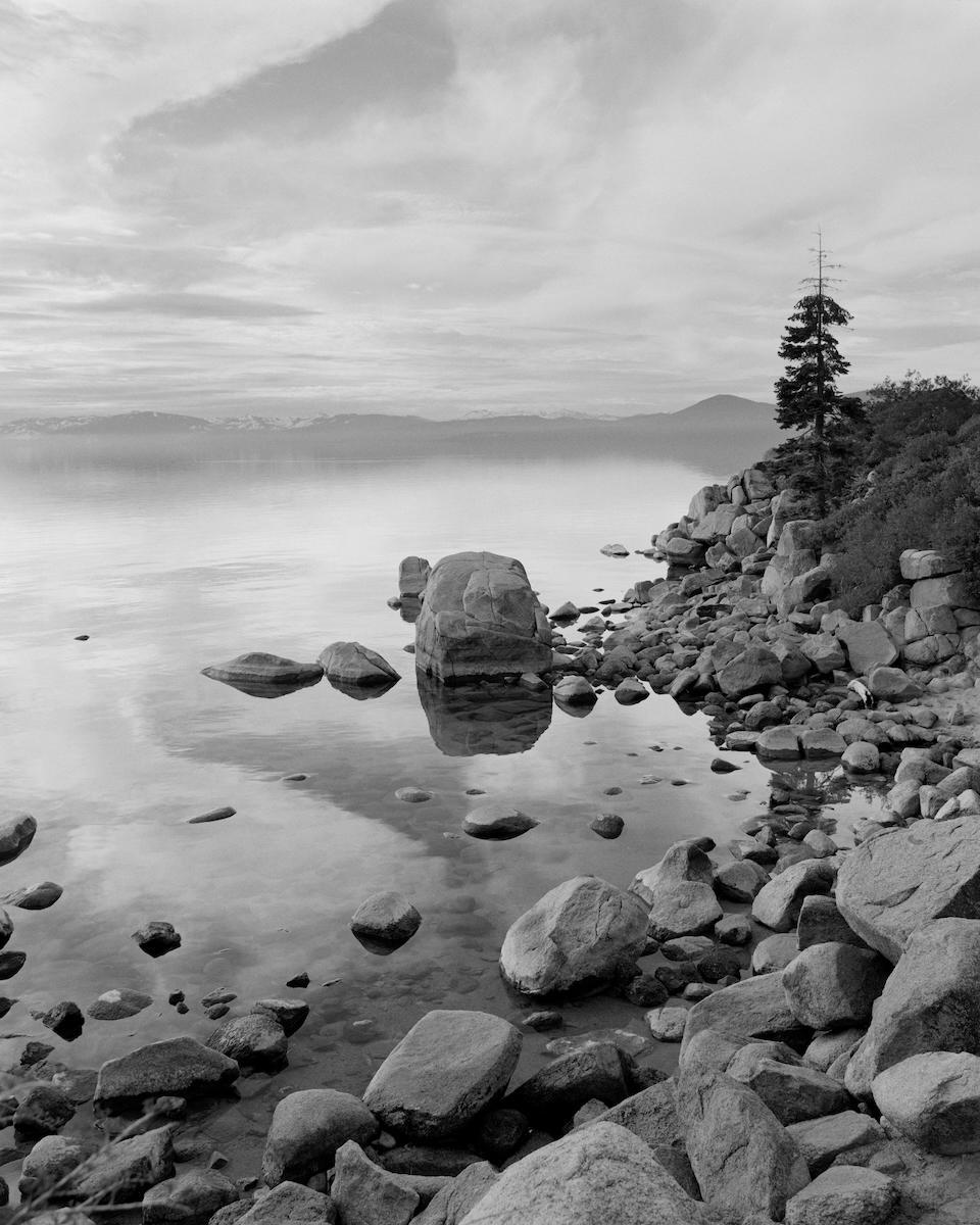 A rocky shoreline with a single tree on the right leads to a calm lake with mountains in the distance under a cloudy sky.