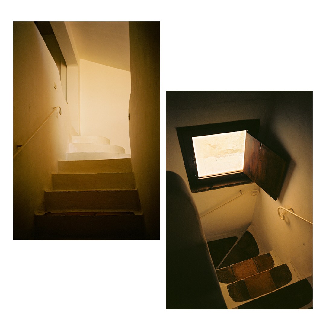 Two views of a stairwell show a window and steps leading up and down.
