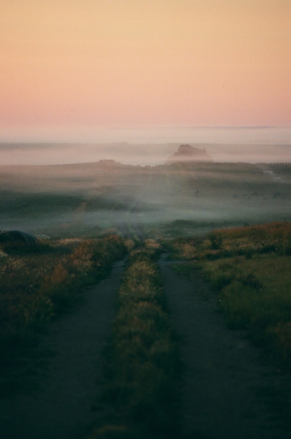 A dirt road leads through a foggy prairie landscape under a pale orange sky.