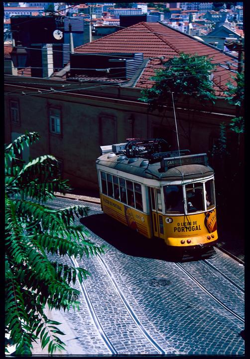A yellow tram with "O Licor de Portugal" written on its side travels down a cobblestone street with buildings and trees in the background.