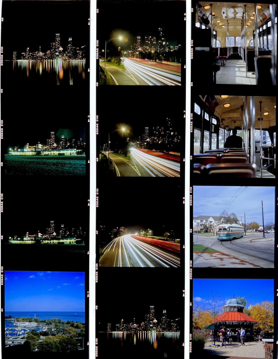 A contact sheet displays multiple images, including cityscapes at night, light trails from vehicles on a road, the interior of a tram, a tram on a street, a marina, and a gazebo.