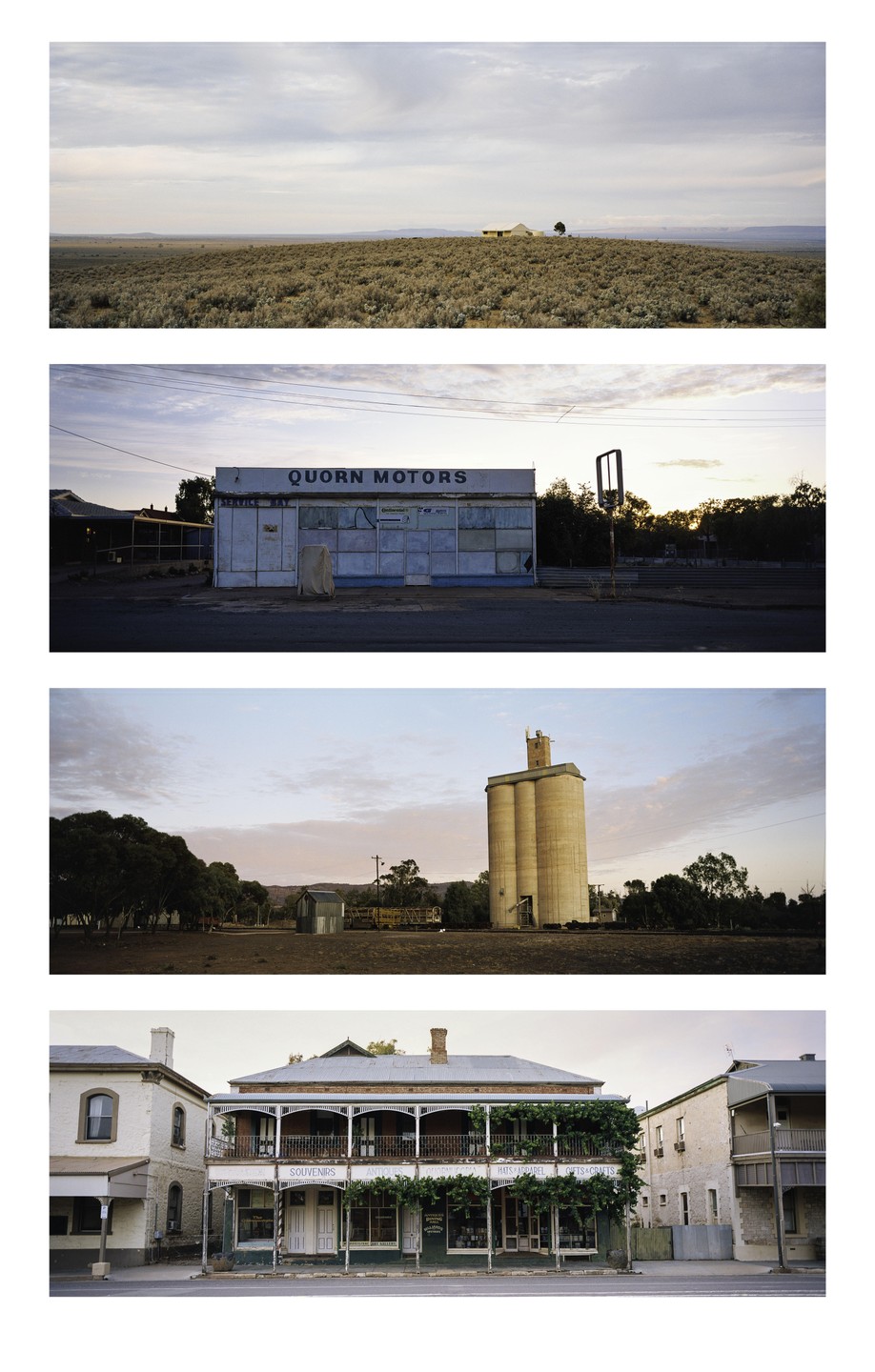 Four landscape-oriented photographs are arranged vertically, showing a rural landscape, a building with "QUORN MOTORS" on its facade, a tall concrete silo, and a two-story building with a balcony and shops on the ground floor.