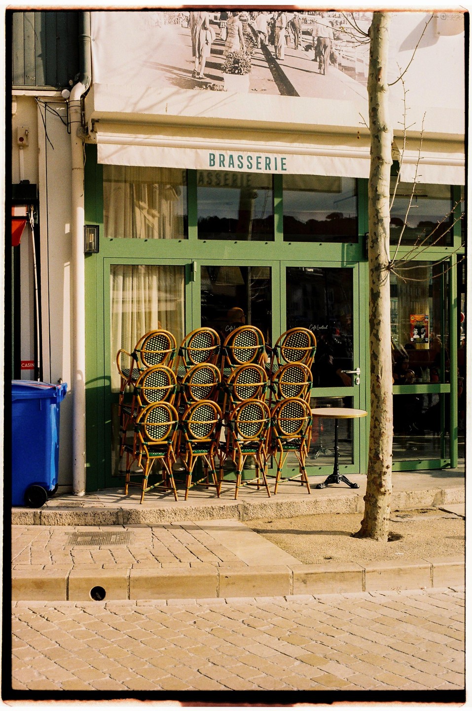 A brasserie with stacked chairs and a single table sits on a sidewalk next to a tree.