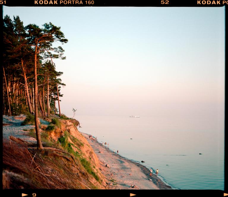 A sandy beach with people and trees is visible from a high vantage point overlooking the ocean.