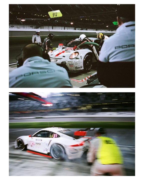 A two-panel image shows a white race car in a pit stop and then speeding away on a track at night.