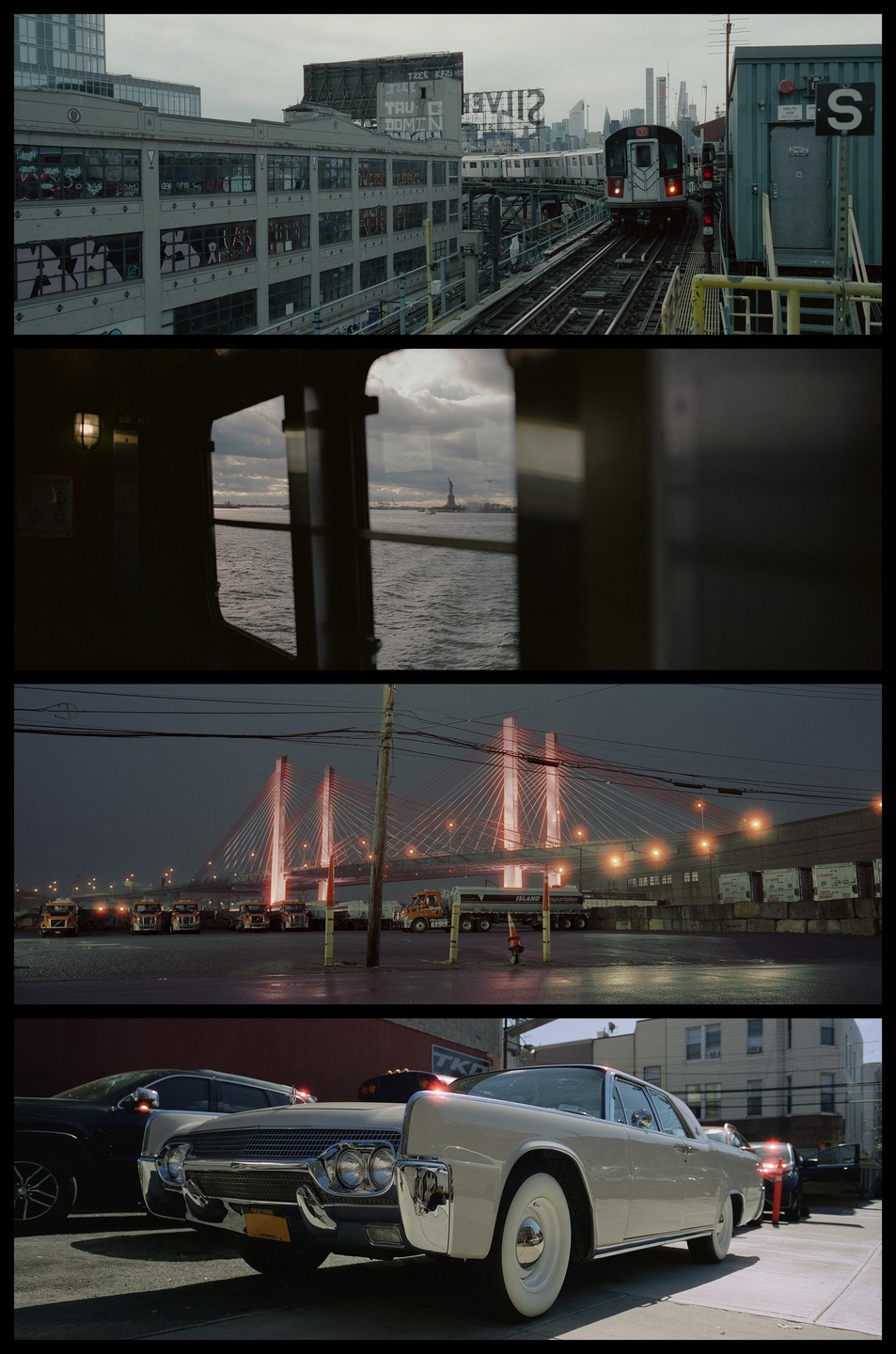A four-panel photo shows a train on elevated tracks, the Statue of Liberty from a ferry window, a cable-stayed bridge at night, and a vintage car parked on a street.
