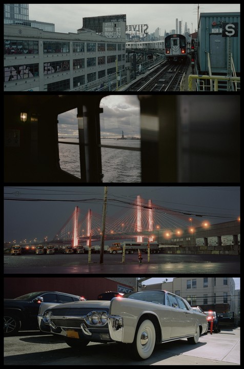 A four-panel photo shows a train on elevated tracks, the Statue of Liberty from a ferry window, a cable-stayed bridge at night, and a vintage car parked on a street.