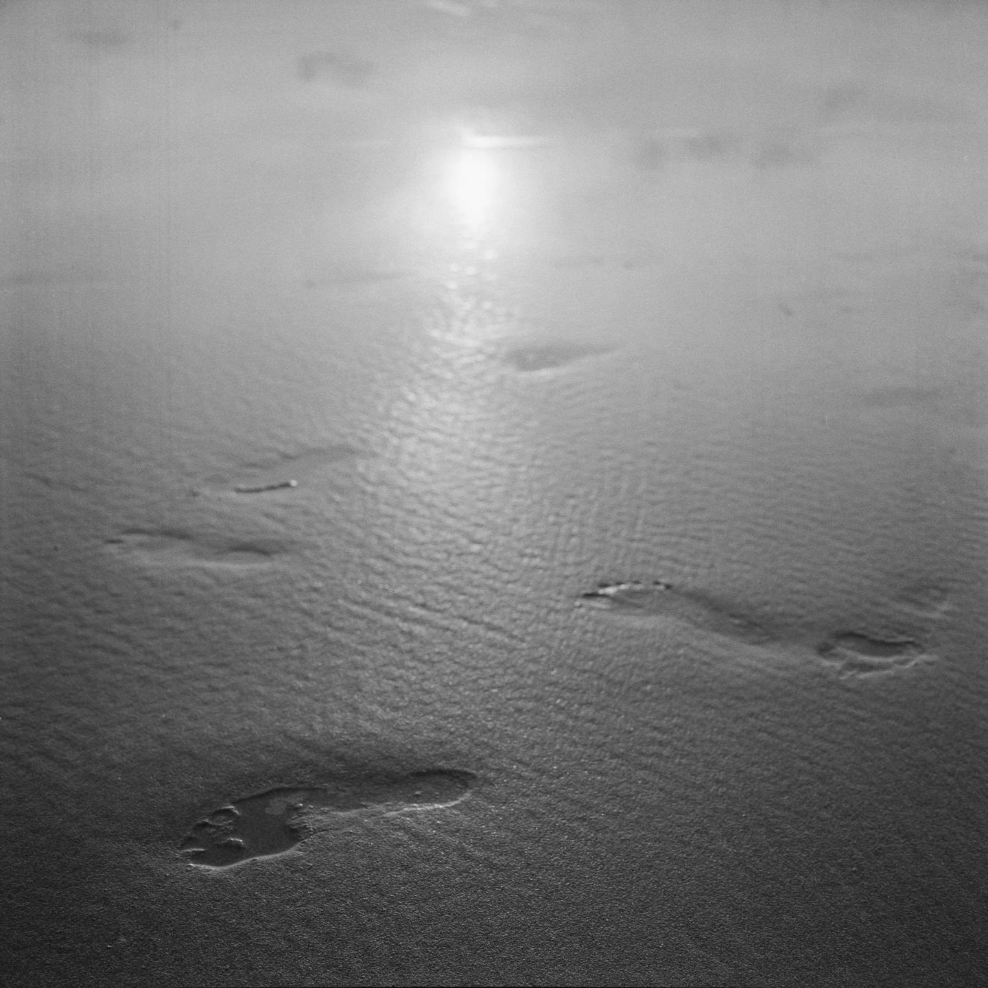 Footprints are visible in the sand with sunlight reflecting on the wet surface.
