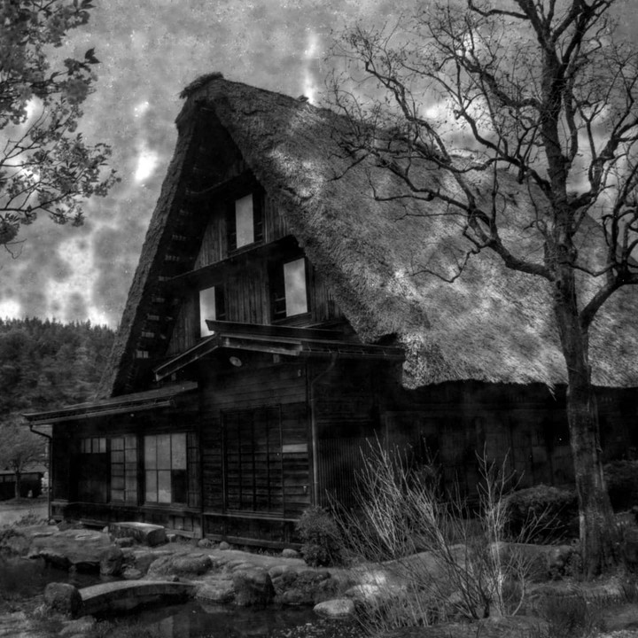A traditional Japanese house with a thatched roof stands beside a bare tree and a small pond.