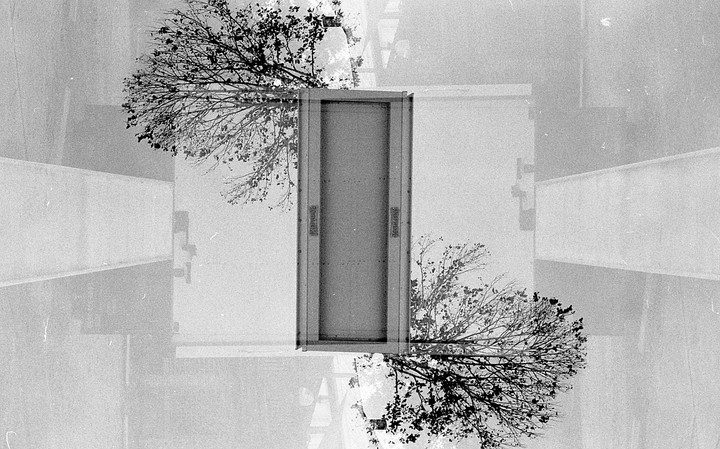 A double exposure shows a door with trees and buildings superimposed on it.