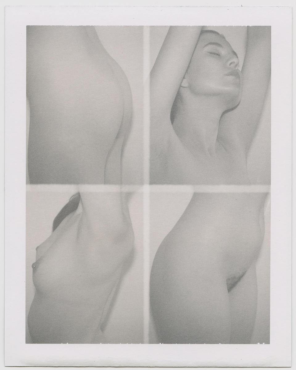 A woman's body is shown in four sections, with her head tilted back and arms raised in the top right section.