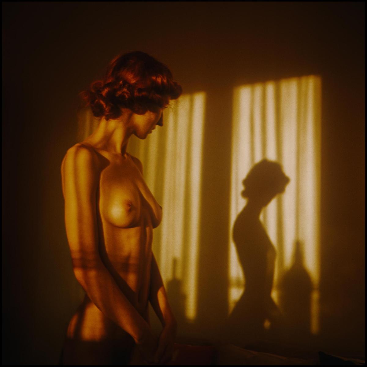 A nude woman with red hair stands in a room with light and shadow stripes on her body and a shadow of her profile on the wall.